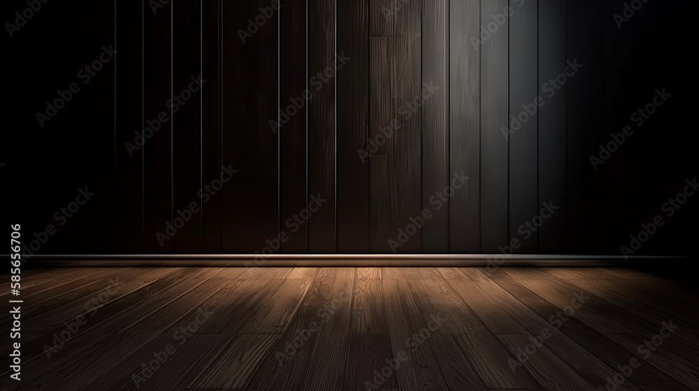 Modern empty room with wooden brown plank wall and wooded floor, soft top lighting. Generated AI Modern empty room with wooden brown plank wall and wooded floor, soft top lighting. Generated AI