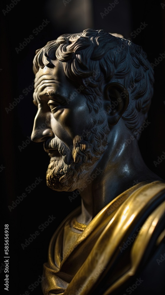Un homme stoïque comme une sculpture ou une statue en marbre avec des lignes dorées