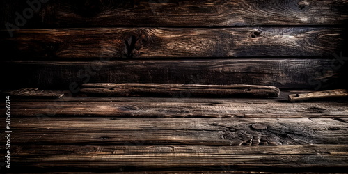 Wooden wall with wooden planks in dark room for background.