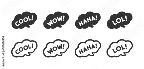 Cute speech bubble with short phrases cool, wow, haha, lol online messaging icon set. Simple flat vector illustration.