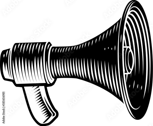 A megaphone or mega phone bullhorn bull horn in a woodcut vintage engraved style