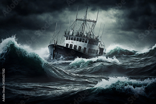 Fishing boat in a storm, generative ai © jambulart