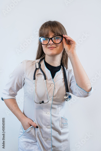 portrait doctor wearing white medical uniform and stethoscope isolated on gray white backgroung