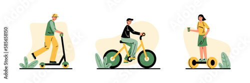 Set of different young people using urban eco transport. Reducing world energy consumption. Usage of green vehicles. Modern vehicle rental services. Vector