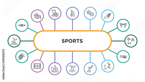 sports outline icons with infographic template. thin line icons such as boxer with belt, exercise gym, ball pool, starting gun, ski poles, climbing with rope, football pitch, person riding on