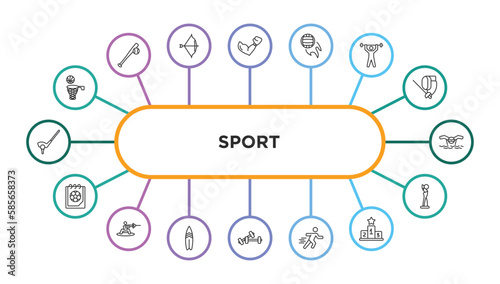 sport outline icons with infographic template. thin line icons such as basketball, boxing, volleyball, weightlifter, swimming, match, wakeboarding, surf, training, sprint, podium, award vector.