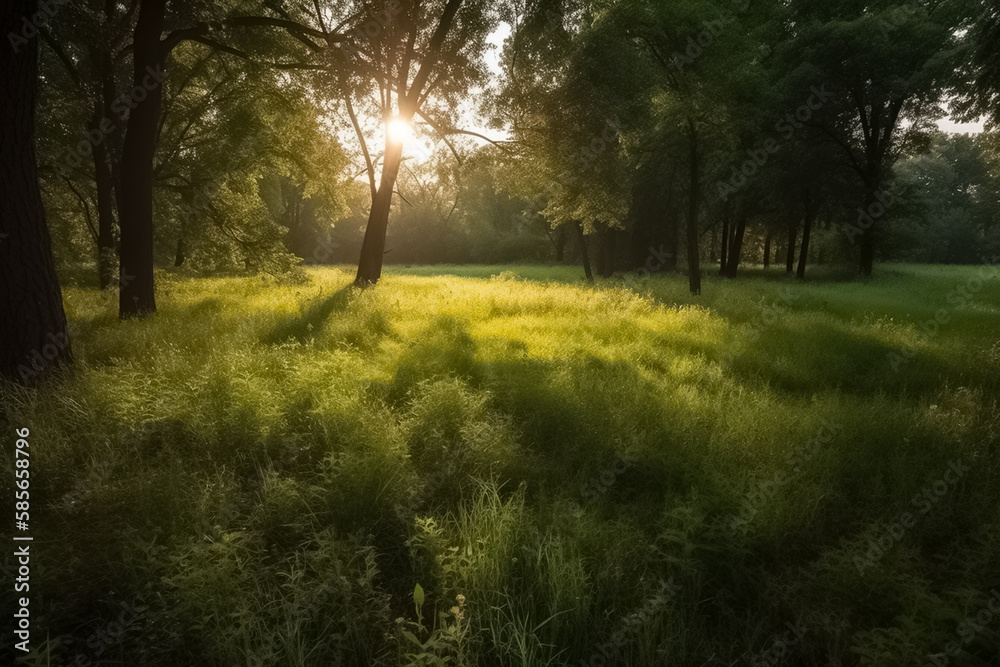 Naklejka premium Beautiful warm summer or spring widescreen natural landscape of park with a glade of fresh grass. generative ai