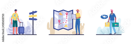 Set of colored cartoon characters traveling abroad. Tourists having active recreation and adventure. Planning summer vacation trip. Travel agency tour. Vector