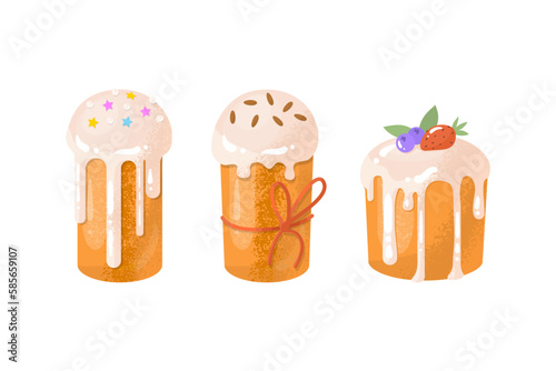 Easter cake set. The traditional celebration of Easter in April. Images for decorating the house in the spring holiday. Sweet pastries covered with icing. Vector illustration.