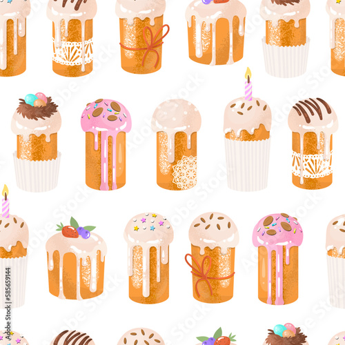Endless seamless pattern for decorating Easter paraphernalia.The traditional celebration of Easter in April.  Sweet pastries covered with icing. Vector illustration..