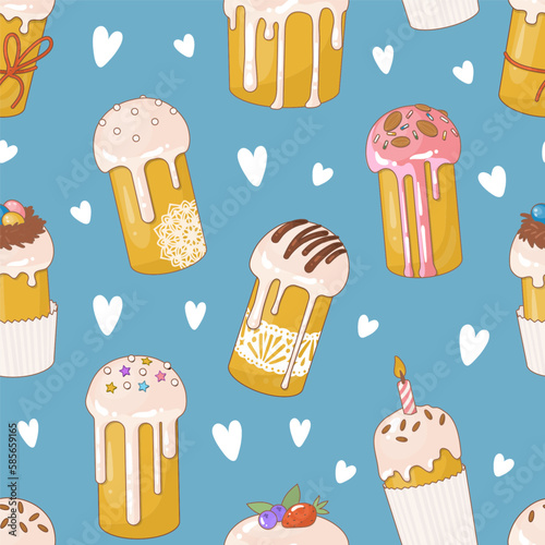 Endless seamless pattern for decorating Easter paraphernalia.The traditional celebration of Easter in April.  Sweet pastries covered with icing. Vector illustration..