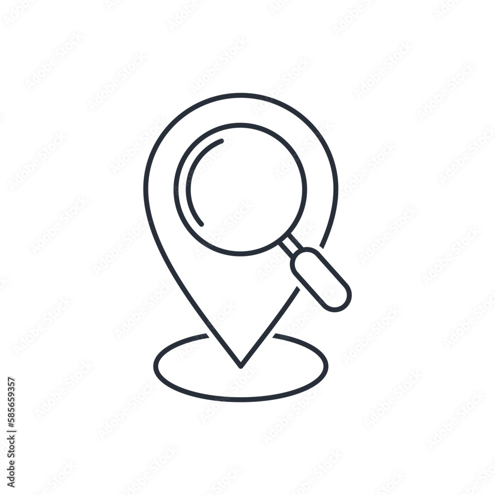 Location symbol and magnifying glass. Determining Location. Vector linear icon isolated on white background. Location symbol and magnifying glass. Determining Location. Vector linear icon isolated on white background.