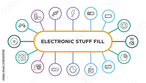 electronic stuff fill outline icons with infographic template. thin line icons such as joypad, blitz flash, half battery, empty battery, old camera, calculating, compact camera, battery almost full,