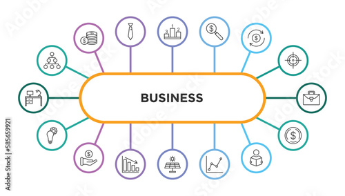 business outline icons with infographic template. thin line icons such as hierarchical order, ranking factor, money finder, money convert, briefcase, strategic, finance, deficit, graphic panel,