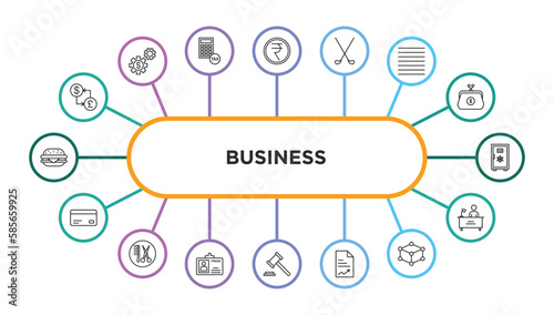 business outline icons with infographic template. thin line icons such as currencies, nepalese, golf sticks, lines, big safe, bank card, hair salon, journalist id card, punishment, paper graphic,