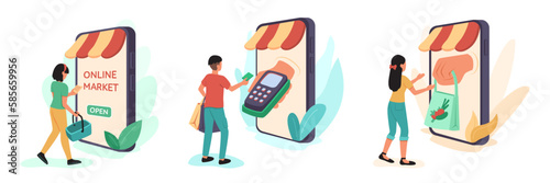 Set of young people buying groceries when shopping online. Making cashless payments when ordering fresh food via Internet. Choosing fruits and vegetables online. Vector