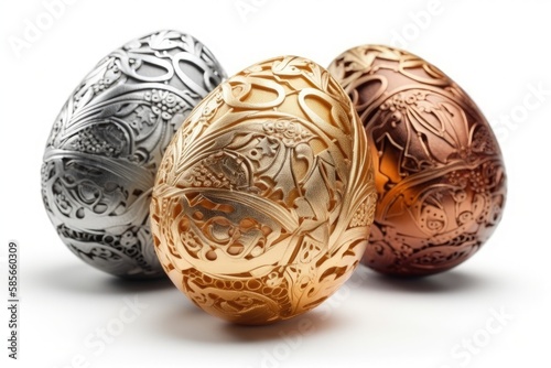 three decorative Easter eggs with unique designs and colors. Generative AI