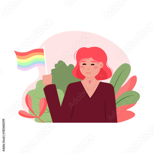 Cartoon character of young woman supporting lgbt community. People participating in pride parade against violence and discrimination. Equality and homosexuality. Vector
