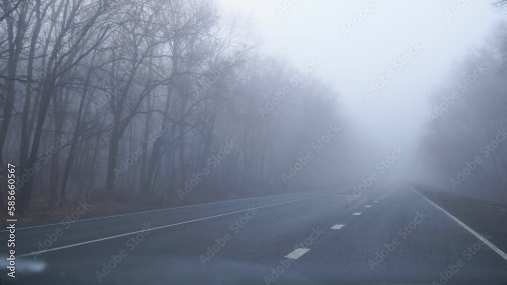 A car with its headlights on is driving in the fog along on an asphalt road A car with its headlights on is driving in the fog along on an asphalt road