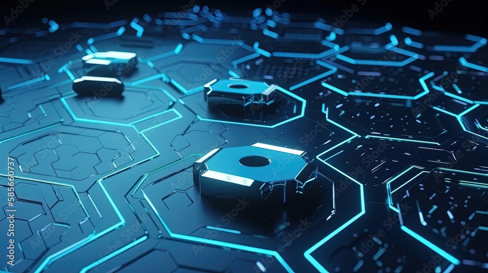 Obraz premium Cyber security concept with closed padlock on hexagons background 3D rendering.generative Ai