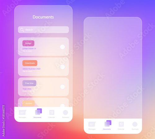 View of the mobile application on the screen in the style of glassmorphism. Phone screen image with documents folder selected with transparency and blank screen .Vector