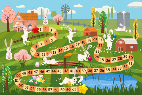 Easter board game for children with funny bunnys, egg hunt © hadeev