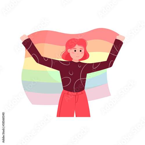 Cartoon character of woman with rainbow flag supporting lgbt. Youth participating in pride parade. Protest against violence and discrimination. Vector