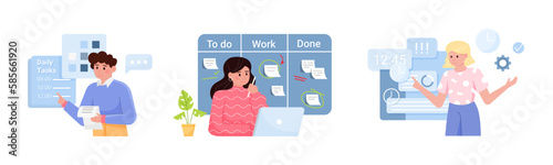Set of different cartoon characters improving time management efficiency. People doing different tasks and activities at work. Process of organizing time in business. Vector