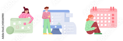 Set of colored cartoon characters organizing their time. Process of managing working schedule. Time management strategy. Productivity and efficiency. Vector