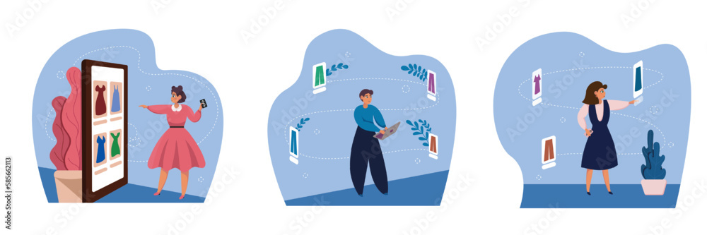 Set of different cartoon characters of young people doing shopping online. Customers buying behavior. Internet stores buyers choosing goods online. Vector Set of different cartoon characters of young people doing shopping online. Customers buying behavior. Internet stores buyers choosing goods online. Vector
