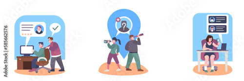 Set of different cartoon characters searching for new employees. Hiring manager occupation. Selecting resumes of job seekers. Human resource management. Vector