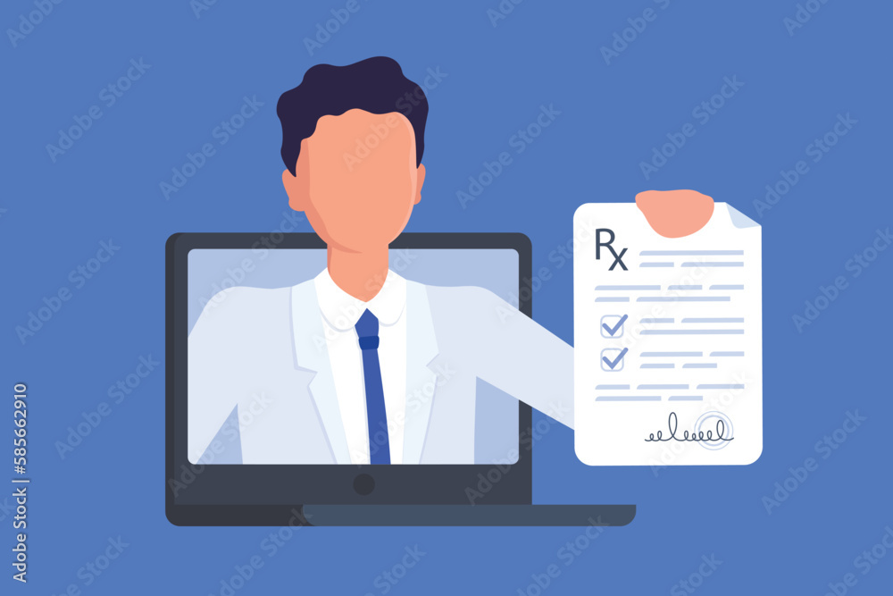 Virtual Pharmacist or Doctor giving the prescription through laptop screen. Medic`s hand holding rx or recipe. Online pharmacy, internet consultation. Distance medicine, smart medical assistance Virtual Pharmacist or Doctor giving the prescription through laptop screen. Medic`s hand holding rx or recipe. Online pharmacy, internet consultation. Distance medicine, smart medical assistance