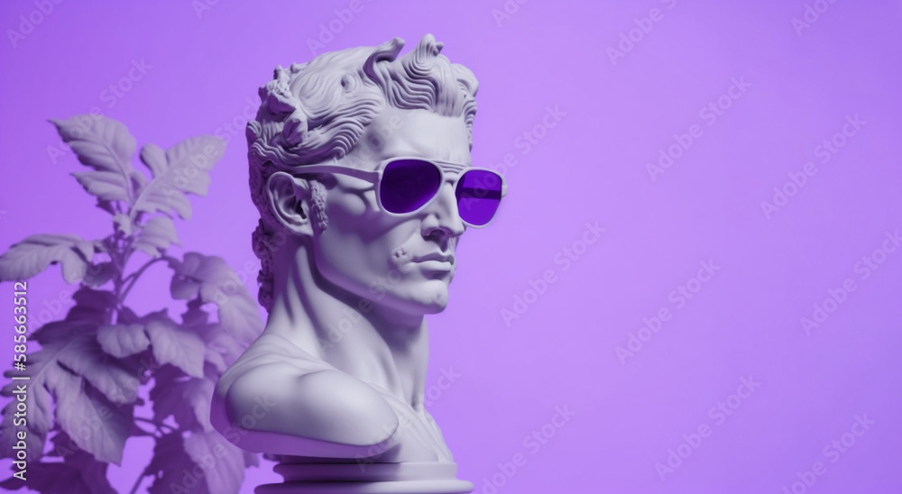 Gypsum statue head in sunglasses on a purple background illustration