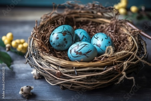 nest with three blue eggs resting on a wooden table. Generative AI