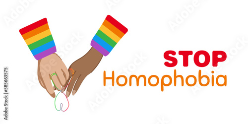 Rainbow stop sign with a hands and text Stop Homophobia for the International Day Against Homophobia. Without background, isolated, clip art.