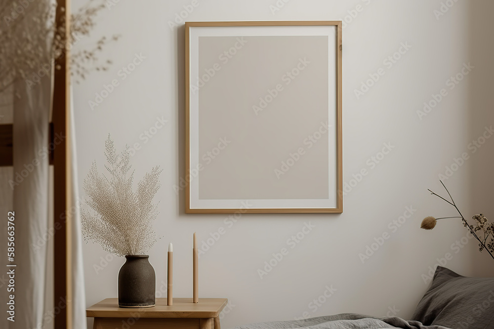 Wooden frame leaning on the warm and cozy background in the interior mockup. Template of a picture frame on a wall 3D rendering, generative AI. Wooden frame leaning on the warm and cozy background in the interior mockup. Template of a picture frame on a wall 3D rendering, generative AI.