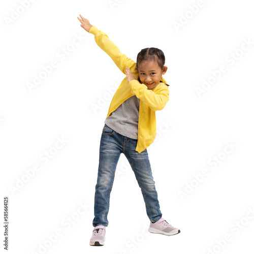 School girl, Happy Asian student school kid hand dancing super hero, Full body portrait isolated on white and transparent background