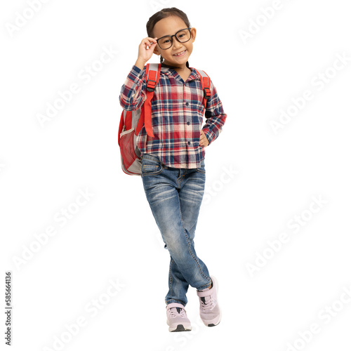 School girl, Happy smiling Asian student school kid hands holding glasses with carry a bag, Full body portrait isolated on white and transparent background photo