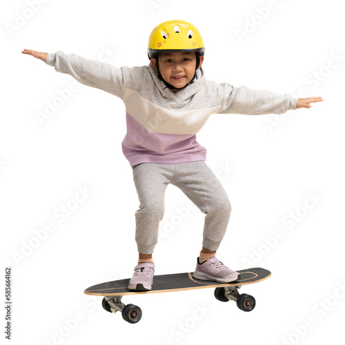 Happy asian smiling little girl playing skateboard wearing a helmet, Full body portrait isolated on white and transparent background