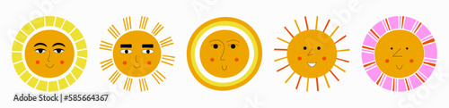 Smiling sun, abstract personage, mascot design, funny face, cute icon.