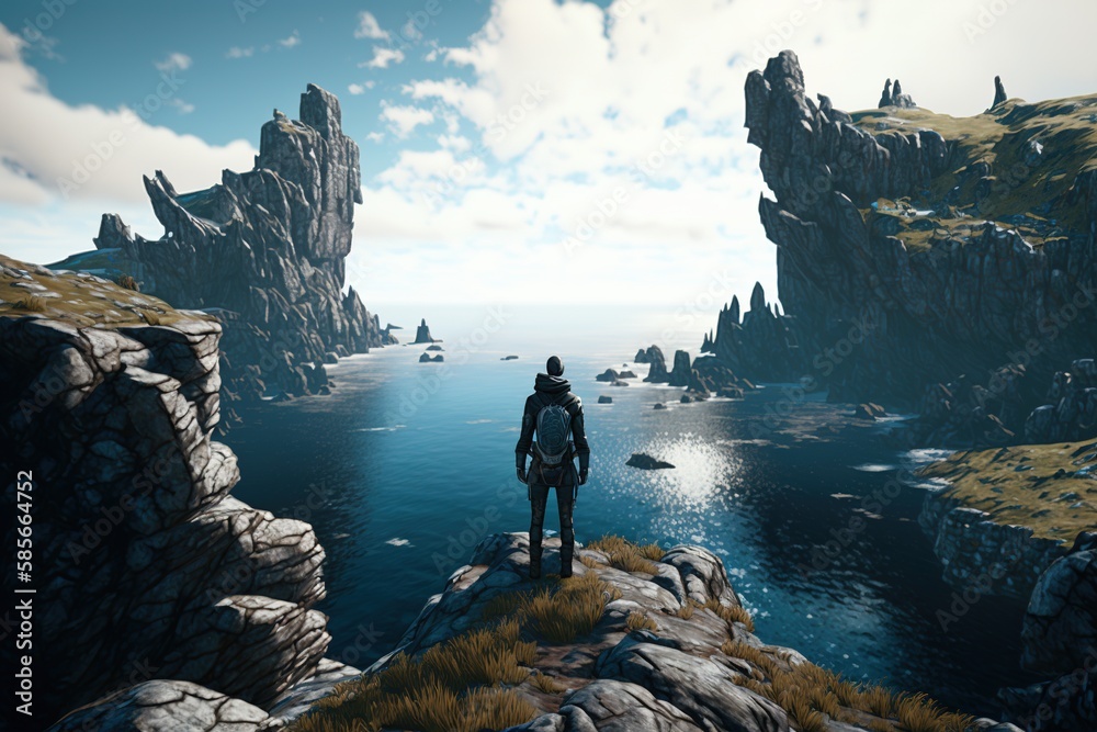 A person standing on a rocky cliff overlooking a vast, open ocean