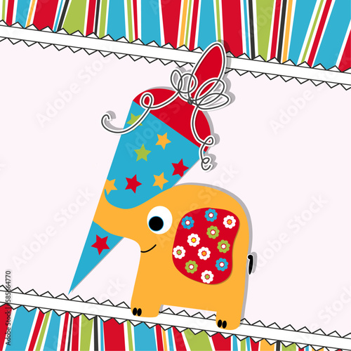 Cute elephant with present on colorful background, birthday greeting card, vector