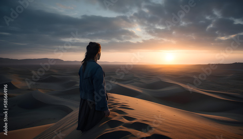 woman in the desert watching sunset