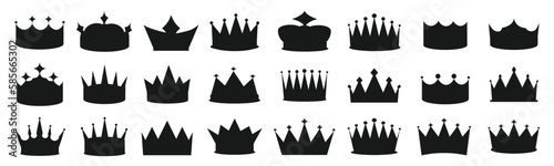 Royal crown icons collection set. Big collection crowns. Coronation king and luxury queen tiara silhouettes icons