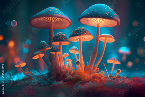 Fantasy glowing neon magic fungus mushrooms on dark background. Illustration