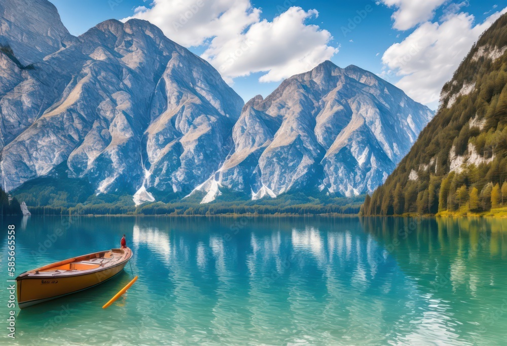 lake in the mountains, Majestic Mountain and Seafaring Boat with forest.