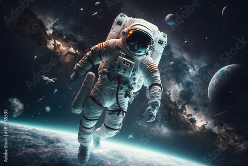 An astronaut floating in space, with the Earth and stars in the background © EOL STUDIOS