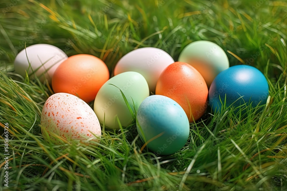 nest of colorful Easter eggs hidden among green grass. Generative AI