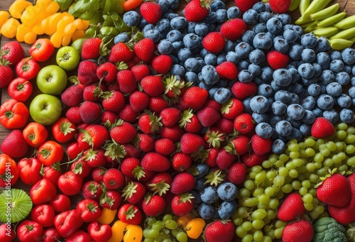 A variety of fruits including strawberries  blueberries  and other fruits.