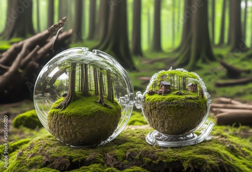 plant in a vase, A glass globe sits on a moss covered rock in a forest.